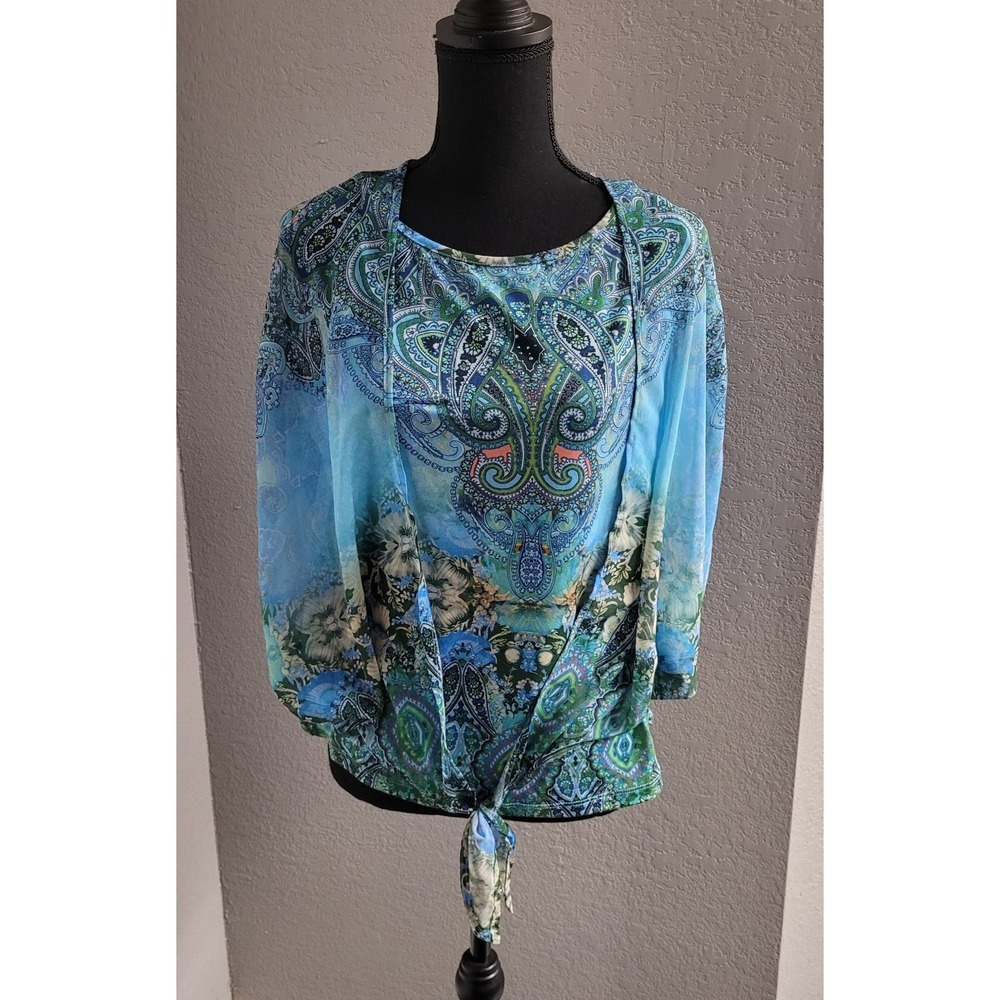 One World Blue Paisley Print Tank Top with Open Front Cover-up Womens Size XS - Picture 1 of 10